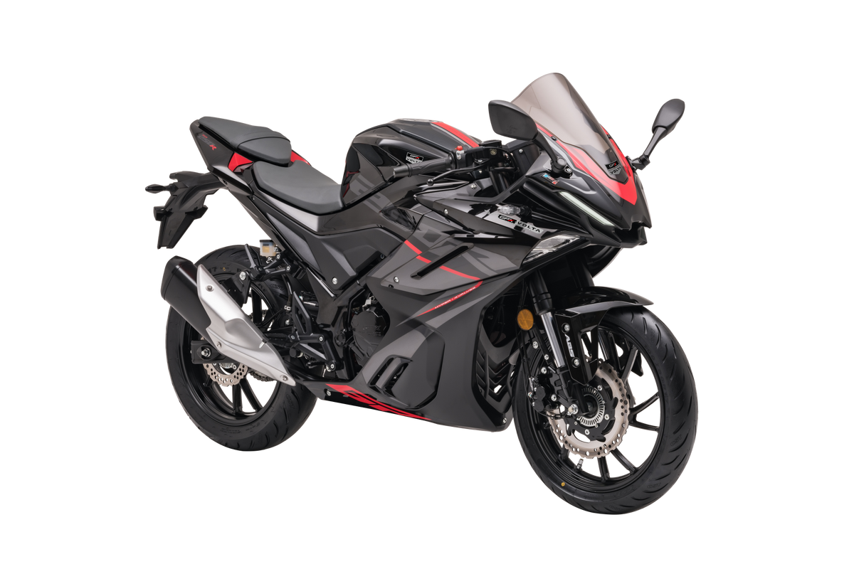 Volta DEMON GR250R in Schwarz, Dreiviertelansicht von vorn.