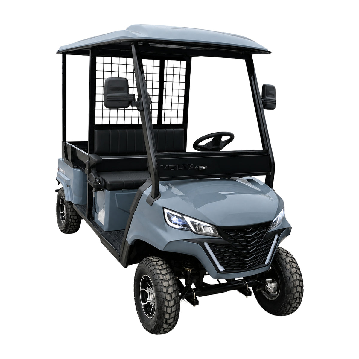 Volta VG2 Elektro-Golfcart in Nardograu, Dreiviertelansicht von vorn.