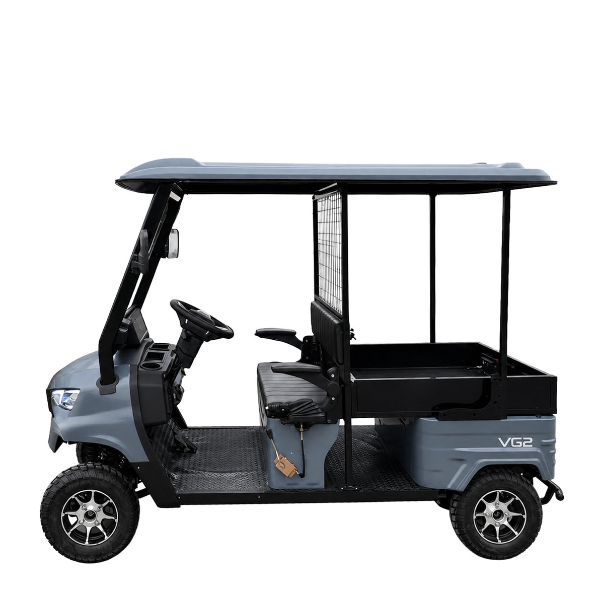 Volta VG2 Elektro-Golfcart in Nardograu, linke Seitenansicht.