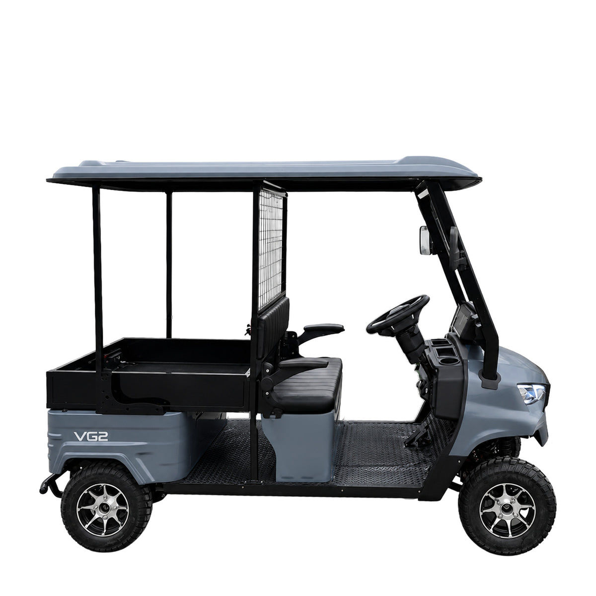 Volta VG2 Elektro-Golfcart in Nardograu, rechte Seitenansicht.