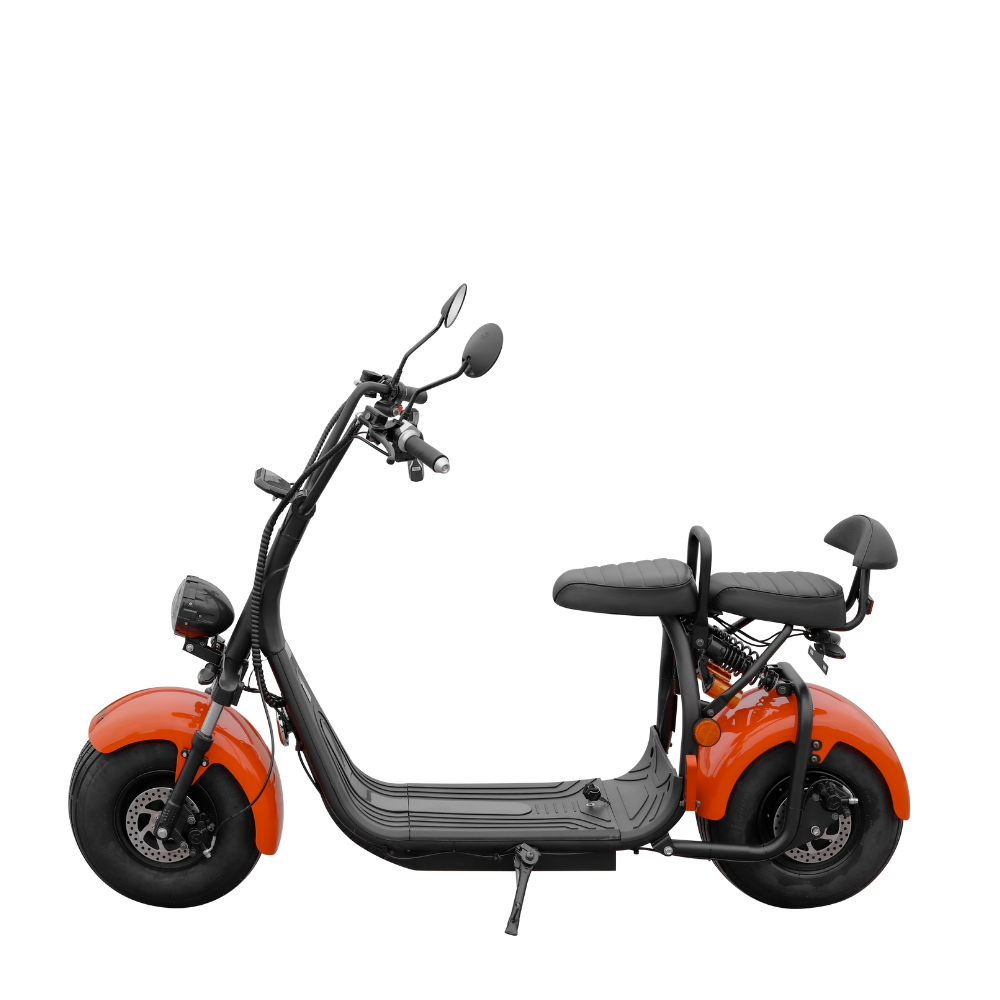 Volta SE 03 MAX in Orange, Seitenansicht mit Front nach links.